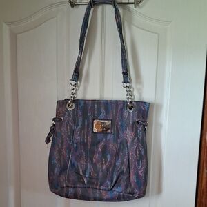 Nicole Miller Blue Multi-Pattern Shoulder Tote with Chain Accents
